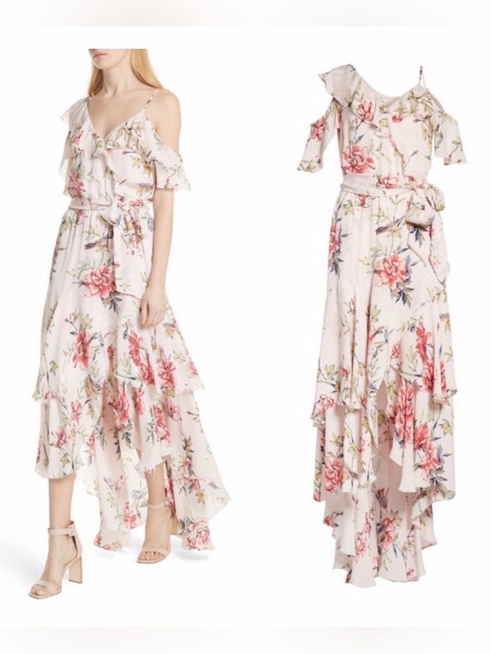 Joie Cristeta Floral Cold-Shoulder Silk Maxi Dress in Rosewater size L